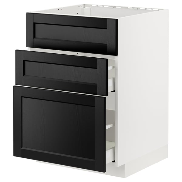 METOD kitchen unit with black lerhyttan drawers and cabinet for built-in oven/sink.