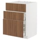 Modern white kitchen cabinet with three walnut drawers.