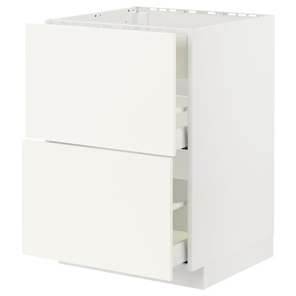 White METOD kitchen cabinet with multiple drawers for storage.