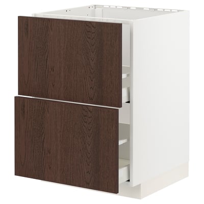 White and dark brown kitchen cabinet with two drawers and wooden details.