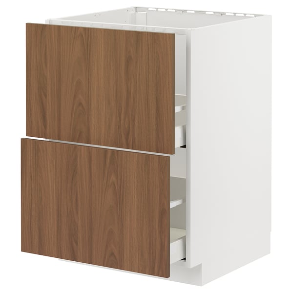 Modern white METOD kitchen unit with two walnut drawers.