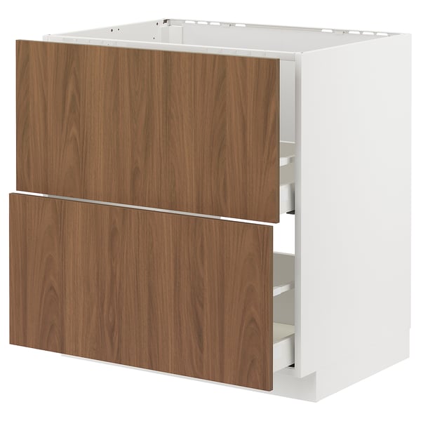 METOD kitchen unit, white frame, wooden walnut drawers, smooth fronts, modern design.