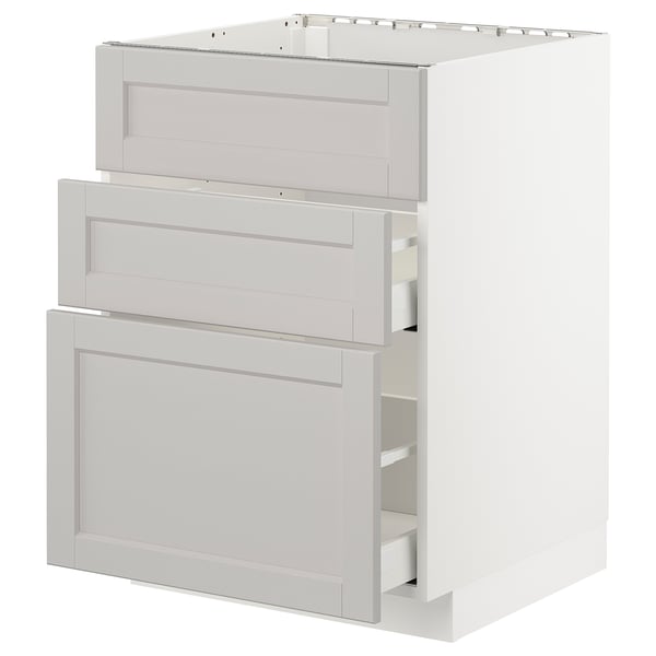 Kitchen cabinet: METOD, white, wooden, rectangular with beveled edges, three drawers.