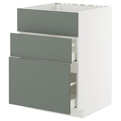 Ikea METOD kitchen storage in grey-green with three drawers, sleek design.