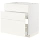 METOD off-white modular kitchen cabinet with open drawers.