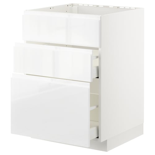 White high-gloss kitchen cabinet with three drawers.