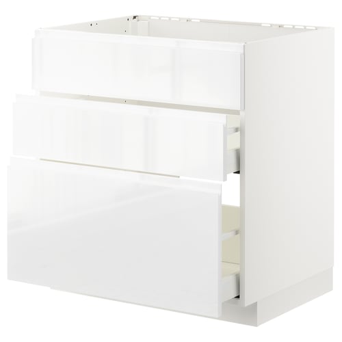 A white modern kitchen cabinet unit with sleek, handle-free design and multiple drawers.
