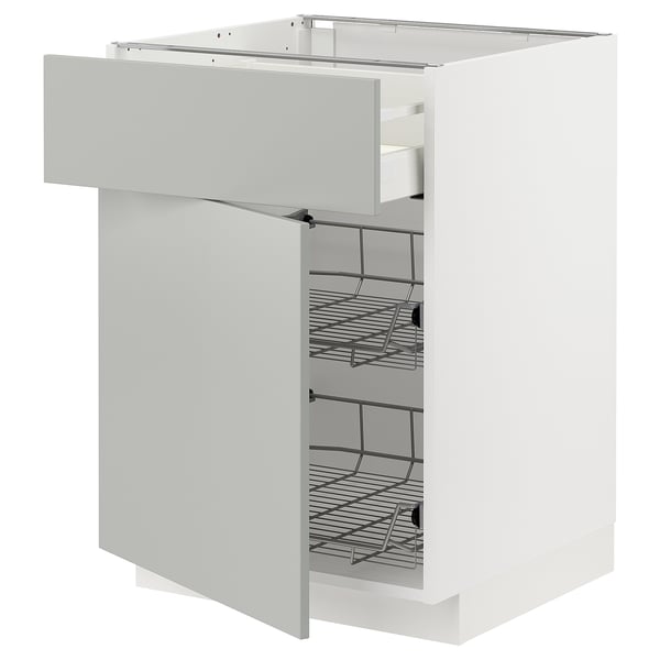 Modern white kitchen cabinet with wired shelves open.