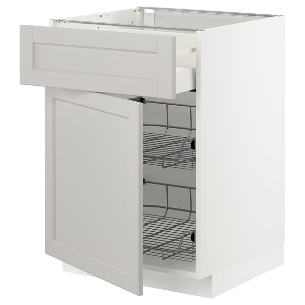 White METOD kitchen cabinet with pull-out baskets, wire shelves, wooden drawer.