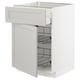 White METOD kitchen cabinet with pull-out baskets, wire shelves, wooden drawer.