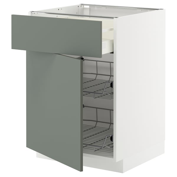 Modern kitchen cabinet with grey-green drawers, 3 wire baskets, white frame, sleek design.