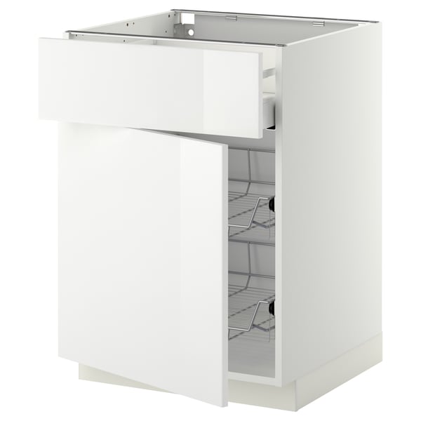 White METOD kitchen cabinet with glossy drawer, silver wire baskets.