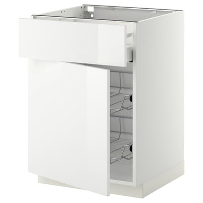 White METOD kitchen cabinet with glossy drawer, silver wire baskets.
