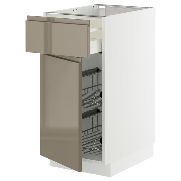 Modern metallic grey white kitchen cabinet with pull-out wire basket and smooth drawer.