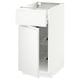 White METOD cabinet with pull-out drawer, minimalist design, integrated handles, wire baskets inside.