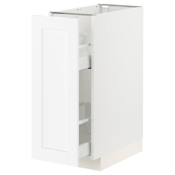 White METOD kitchen cabinet with pull-out shelves and drawer.