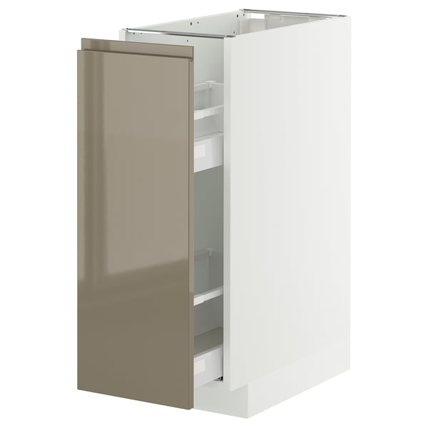 Modern kitchen cabinet, white with dark grey-brown glossy door, metallic handles, pull-out shelves, sleek design.