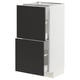 A modern white ikea METOD kitchen cabinet with black drawers and a door, featuring sleek, minimalist design.