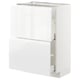 A white ikea METOD kitchen cabinet with glossy finish, featuring two large drawers and a shelf at the top.