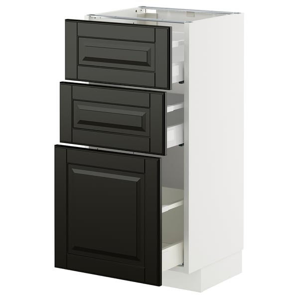 METOD kitchen unit: three black drawers, beveled edges, in white frame.