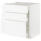 White METOD kitchen unit, three drawers, wooden panel design.