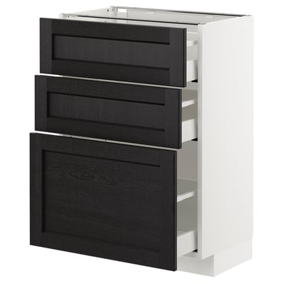 Modern white kitchen unit with 3 dark wood drawers, sleek design, sturdy and smooth.