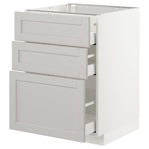 METOD kitchen unit in light grey with three drawers, white edges, classic design.
