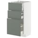 A METOD kitchen cabinet with three green-gray drawers and a white frame. Its modern design smooth, self-closing drawers.