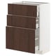 White METOD cabinet with 3 dark brown sinarp drawers, oak veneer, rectangular shape.