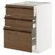 Modern kitchen unit, white and brown, wood grain pattern, three drawers with wooden handles.