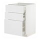 This image shows a white ikea METOD kitchen cabinet with three drawers. The cabinet is sleek and modern, primarily for storing kitchen essentials.