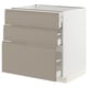 Modern grey-beige kitchen cabinet with three drawers and clean lines.