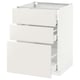 Depicts a white METOD kitchen cabinet with three open drawers. The cabinet has a rectangular shape and a clean design.