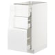 White high-gloss kitchen cabinet with three drawers and metal railings.
