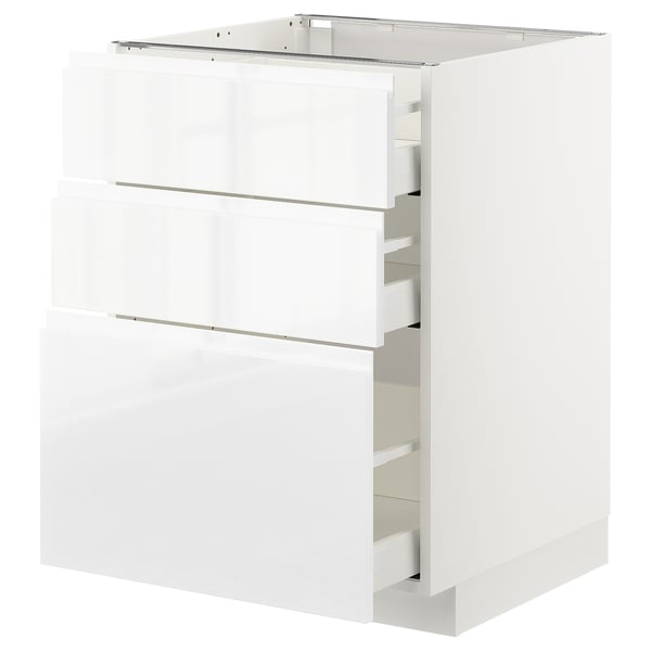 White high gloss kitchen cabinet with multiple drawers.