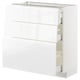 White high-gloss kitchen cabinet, modern design with sleek handles, three drawers, sturdy frame, smooth drawer runners.