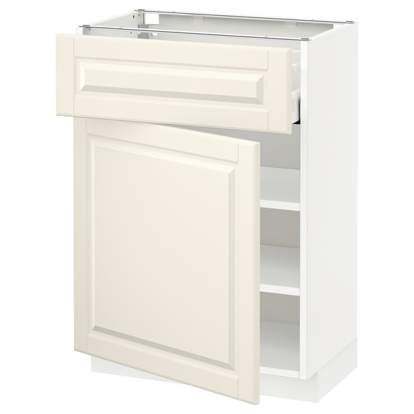 White METOD kitchen unit, off-white bodbyn drawer and door, square shape, bevelled edges.