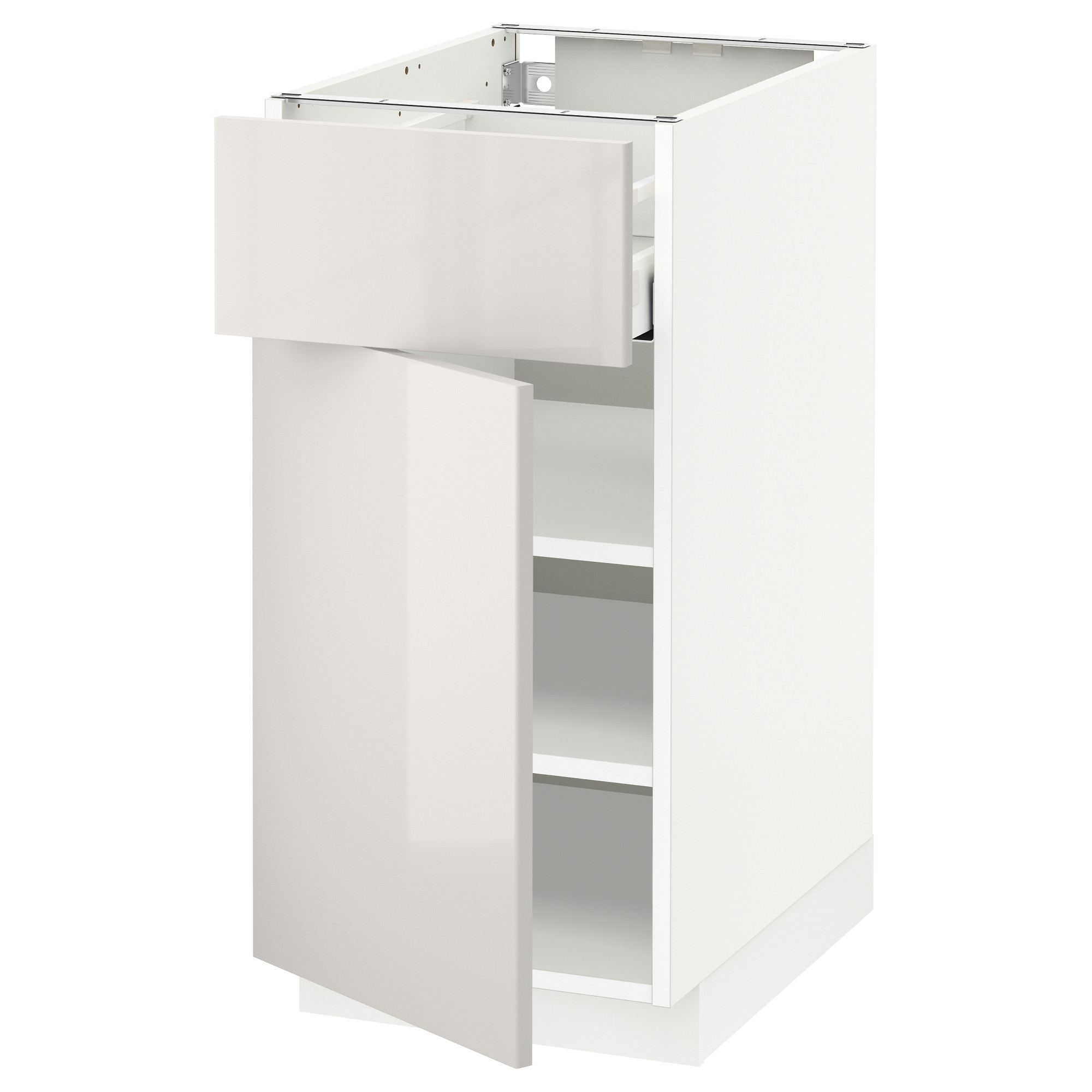 White high-gloss kitchen cabinet with a single drawer and door, sleek and modern design.