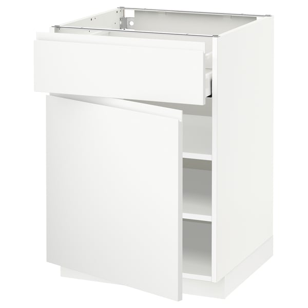 A white METOD kitchen cabinet with a modern design. It a single drawer and a door, with integrated handles.