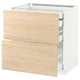 Light ash wooden drawers in white cabinet, partial open.
