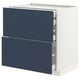 Modern kitchen cabinet, blue, white, rectangular, with drawers.