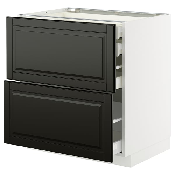 Black and white kitchen cabinet with drawers, sleek design, modern look. Part of the METOD system, durable materials.