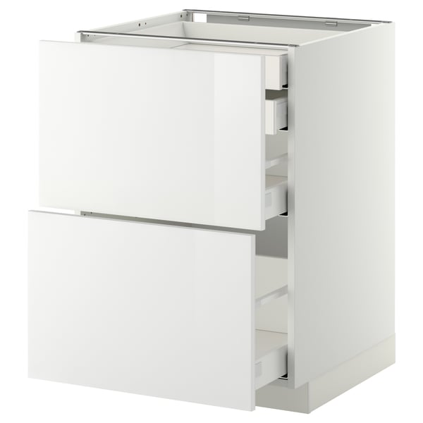 METOD kitchen cabinet, white high gloss, modern design, sleek drawers, chrome handles.
