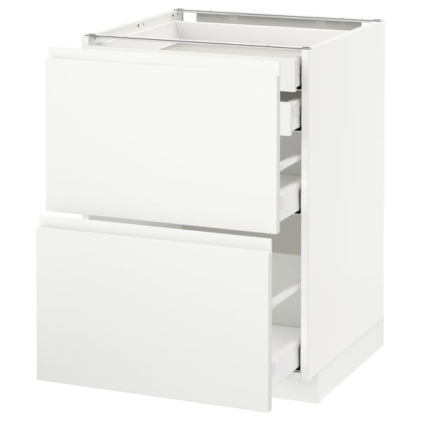 A white ikea METOD kitchen cabinet with integrated handles, featuring smooth-running drawers.