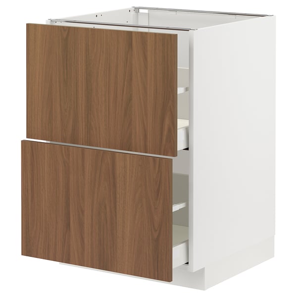 A white METOD kitchen cabinet with two smooth, wooden-toned drawers. The upper section has a slim design.