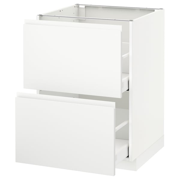 A white METOD kitchen cabinet with two drawers. It is modern and minimalist with integrated handles and a smooth finish.