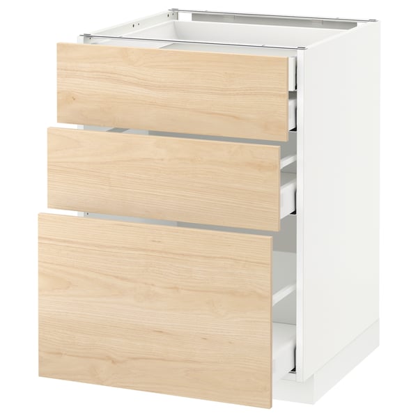 Modern white kitchen cabinet with light wooden drawers, partially open.