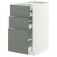 METOD kitchen unit, grey-green, 3 drawers, white frame, modern design.