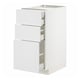 A white METOD kitchen cabinet with multiple drawers. Its sleek, rectangular, with three open drawers revealing their interiors.