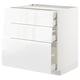 White high-gloss kitchen cabinet with three drawers and handles.